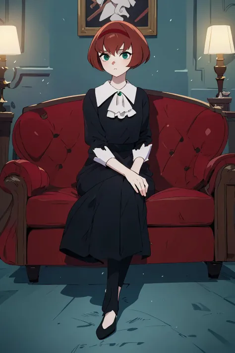 ((masterpiece)), (best quality), official art, extremely detailed CG, unity 8k wallpaper, ultra detailed, highly detailed, detailed background, vivid color, photorealistic, perfect lighting, best illumination,
1girl, dorothy, green eyes, brown hair, pale skin, black clothes, expressionless, full body,
<lora:dorothyV2:1>, aristocratic palace, luxury room,
\