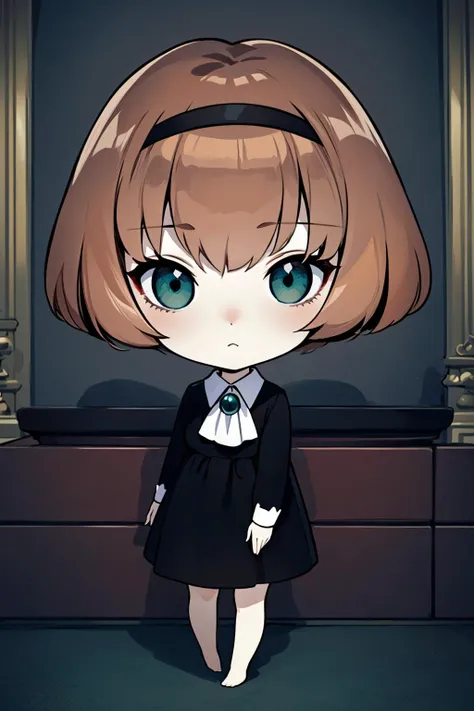 ((masterpiece)), (best quality), official art, extremely detailed CG, unity 8k wallpaper, ultra detailed, highly detailed, detailed background, vivid color, photorealistic, perfect lighting, best illumination,
1girl, dorothy, green eyes, brown hair, pale skin, black clothes, expressionless, full body,
<lora:dorothyV2:1>, aristocratic palace, luxury room, (chibi:1.3)