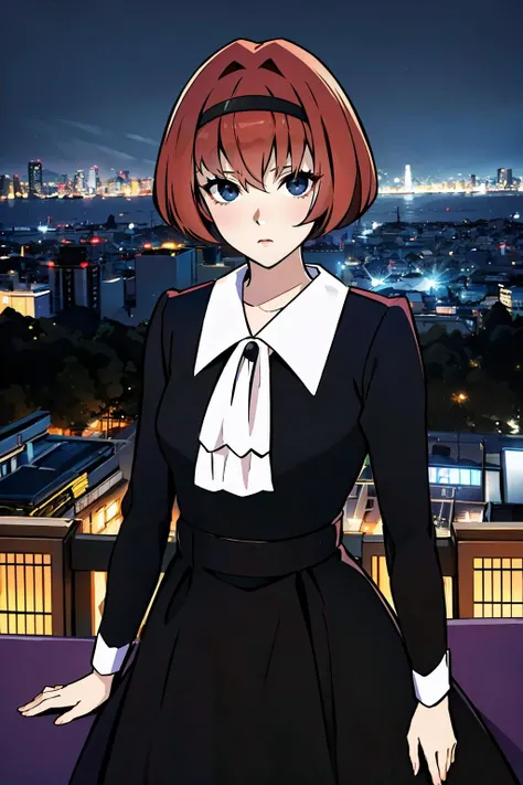 <lora:dorothyV2:1> dorothy, black eyes, black dress
masterpiece, best quality, absurdres, looking at viewer, full body, city, night, horizon, cityscape, upper body