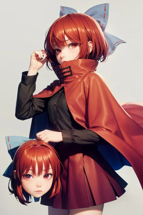 masterpiece, best quality,  <lora:Sekibanki:1>,1girl, sekibanki,red hair,hair bow,red eyes,short hair,cape,long sleeves, shirt,skirt,disembodied head, grey background,