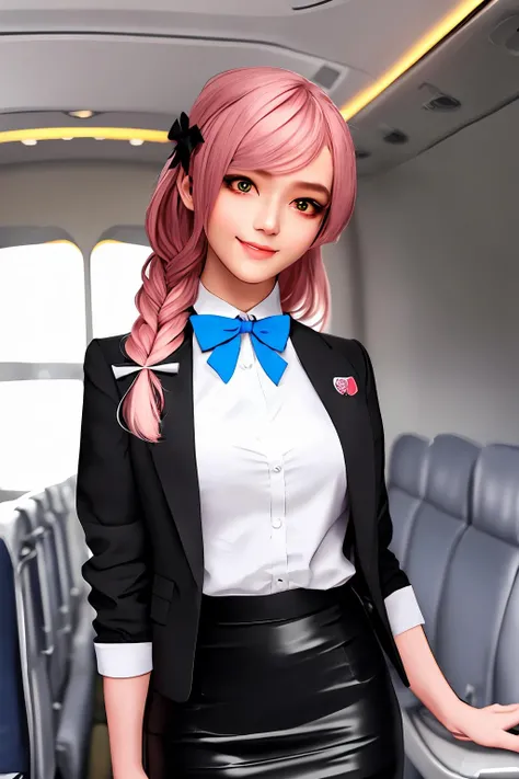 high quality fingers, normal hands, detailed fingers, masterpiece, (realistic, photo-realistic:1.37), (21 years old woman), small waist, beautiful face, perfect illumination, beautiful detailed eyes, looking at viewer, stunningly beautiful woman, detailed hairstyle, detailed background,
<lora:Hanako_Blue_Archive_V1e9:0.8>, hanako, ahoge, double-parted bangs, green eyes, hair bow, pink hair, pink halo, single braid, very long hair, white bow, smile, cowboy shot,
travel attendant, flight attendant, black jacket, black pantyhose, black skirt, blue scarf, pencil skirt, collared shirt, open collar