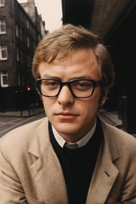 mich@3lc@ine, man wearing a black 60s suit, glasses, vintage portrait photo, 60s london, <lora:SD15_mich@3lc@ine_V1:0.9>