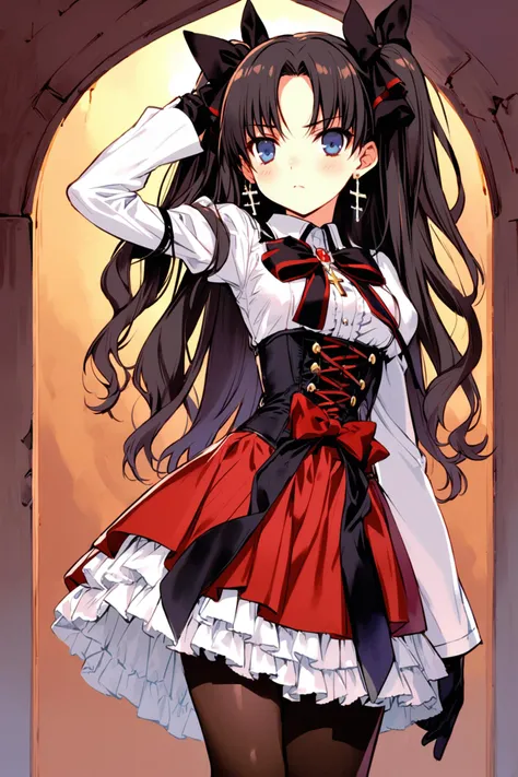 1girl,solo,long hair,earrings,jewelry,gloves,two side up,black hair,pantyhose,tohsaka rin,long sleeves,looking at viewer,cross,black gloves,bow,blue eyes,bangs,ribbon,black pantyhose,skirt,parted bangs,red bow,puffy sleeves,red skirt,blush,closed mouth,corset,breasts,arm up,hair ribbon,cowboy shot,hand on hip,bowtie,hair bow,frills,cross earrings,dress,shirt,white shirt,black ribbon,black bow,<lora:Takeshi Kazaki_XL:0.8>,