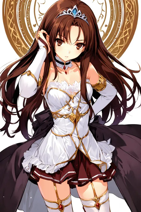 1girl, solo, thighhighs, brown hair, brown eyes, long hair, dress, choker, bridal gauntlets, tiara, jewelry, white thighhighs, zettai ryouiki, white background, skirt,<lora:Takeshi Kazaki_XL:0.8>,