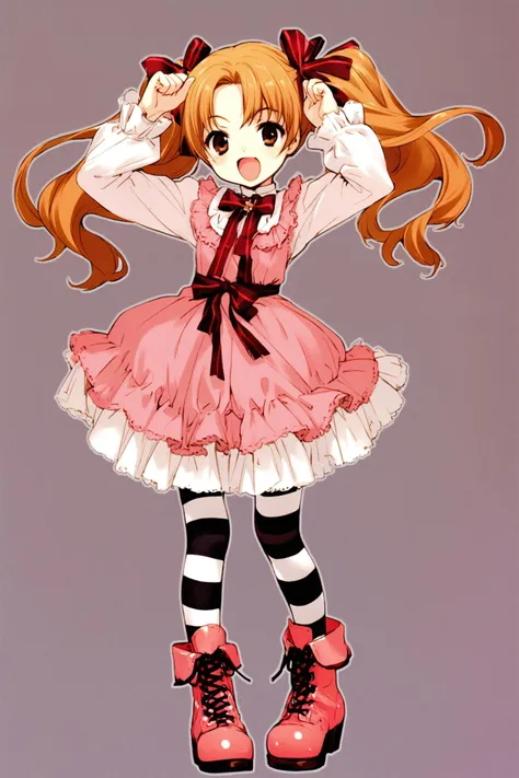 1girl,solo,striped,boots,thighhighs,long hair,striped thighhighs,bow,dress,ribbon,hair bow,white background,pink footwear,simple background,twintails,smile,cross-laced footwear,brown hair,wavy hair,open mouth,full body,hair ribbon,blonde hair,brown eyes,arms up,long sleeves,standing,<lora:Takeshi Kazaki_XL:0.9>,