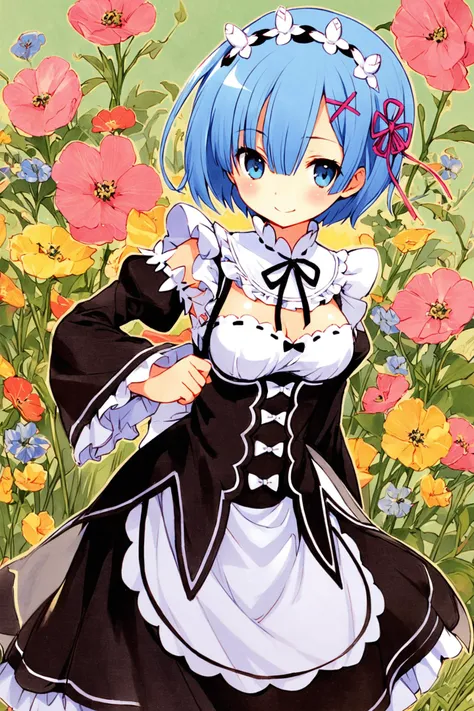 1girl,solo,rem (re:zero),blue hair,x hair ornament,short hair,hair ornament,blue eyes,maid,looking at viewer,ribbon,maid headdress,long sleeves,dress,roswaal mansion maid uniform,smile,hair ribbon,breasts,puffy sleeves,frills,apron,bangs,closed mouth,black ribbon,pink ribbon,blush,medium breasts,black dress,juliet sleeves,cowboy shot,flower,hair between eyes,red ribbon,waist apron,traditional media,<lora:Takeshi Kazaki_XL:0.8>,