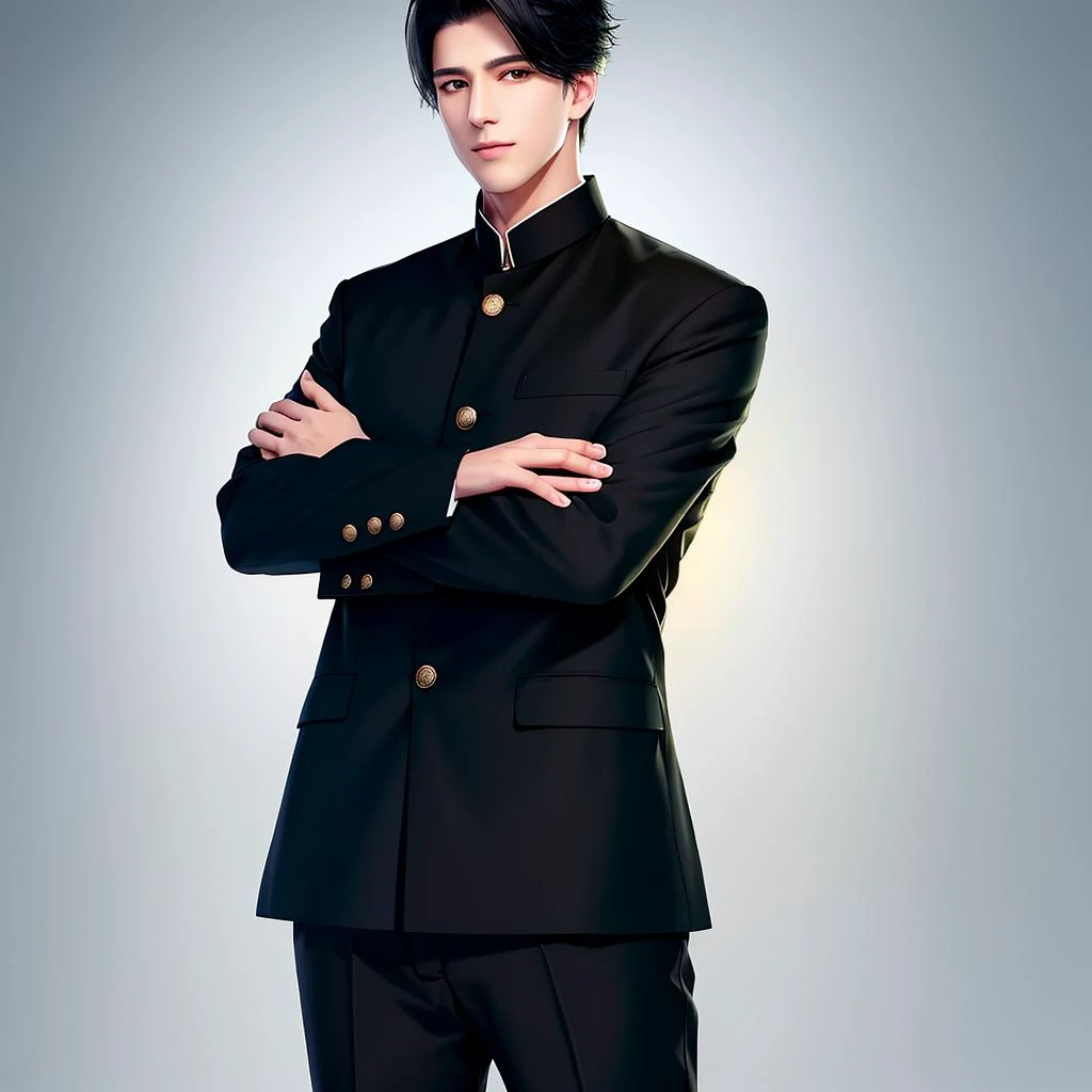 <lora:BIW:0.6>, FH, Masterpiece, best quality, sharp, contrast, realistic drawing, tall black haired man, short hair,
<lora:Gakuran:0.75>, Gakuran, a man in a black gakuran and pants standing with his arms crossed , man wearing the gakuran, golden buttons