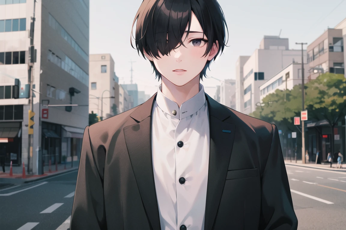 (masterpiece:1.2), best quality, intricate, stunning, extremely detailed, absurdres, illustration, line art, cinematic shot, high school boy, tall, athletic, detailed face, detailed eyes, black eyes, black hair, hair over one eye, ahoge, wearing gakuran, detailed fabric emphasis, red buttons, standing, hands in pockets, <lora:clothes_gakuran_v10:0.8>, naoetsu high school building, crosswalk,
