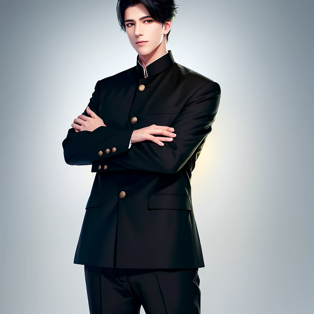 <lora:BIW:0.6>, FH, Masterpiece, best quality, sharp, contrast, realistic drawing, tall black haired man, short hair,
<lora:Gakuran:0.75>, Gakuran, a man in a black gakuran and pants standing with his arms crossed , man wearing the gakuran, golden buttons
