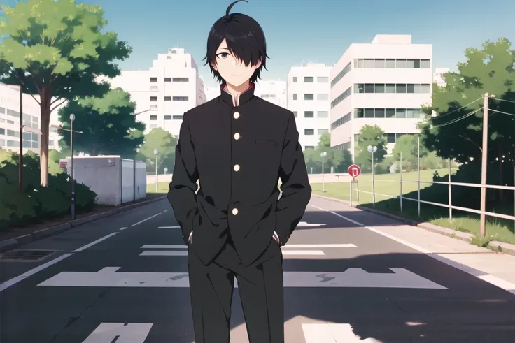 (masterpiece:1.2), best quality, intricate, stunning, extremely detailed, absurdres, illustration, line art, cinematic shot, high school boy, tall, athletic, detailed face, detailed eyes, black eyes, black hair, hair over one eye, ahoge, wearing gakuran, detailed fabric emphasis, red buttons, standing, hands in pockets, <lora:char_araragiKoyomiLora_v1:0.6>, <lora:clothes_gakuran_v10:0.8>, naoetsu high school building, crosswalk,