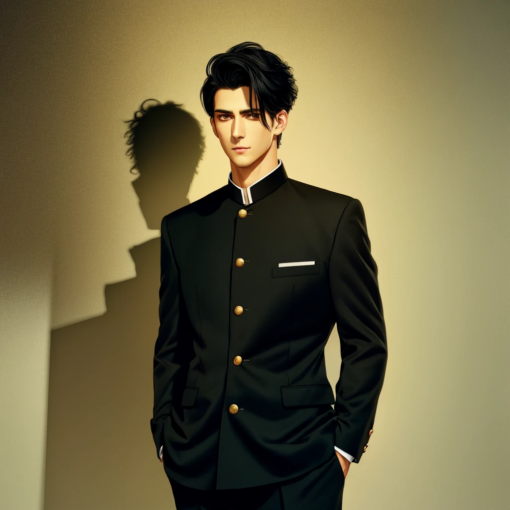 <lora:BIW:0.6>, FH, Masterpiece, best quality, sharp, contrast, realistic drawing, tall black haired man, short hair,
<lora:Gakuran:0.75>, Gakuran, a man in a black gakuran and pants standing with his arms crossed , man wearing the gakuran, golden buttons