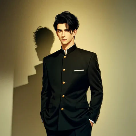 <lora:BIW:0.6>, FH, Masterpiece, best quality, sharp, contrast, realistic drawing, tall black haired man, short hair,
<lora:Gakuran:0.75>, Gakuran, a man in a black gakuran and pants standing with his arms crossed , man wearing the gakuran, golden buttons