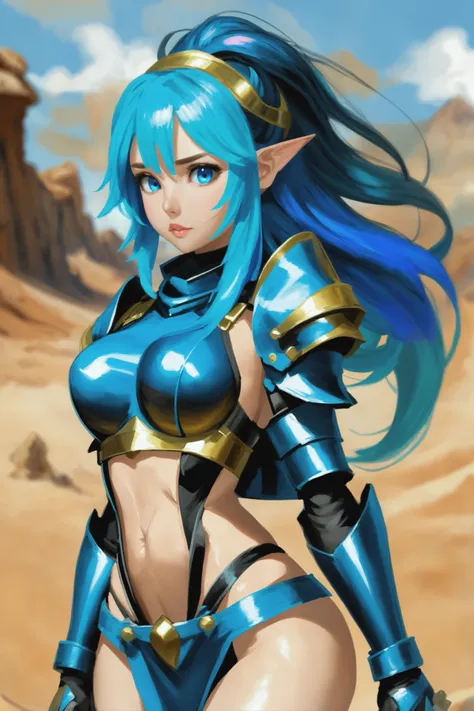 2010s anime style digital painting<lora:EnvySendNoodzXL01:-1>, 1girl, woman, desert heavy knight, pauldrons, bombshell hair, azure hair, Peekaboo Color,multcolored hair, thicc hourglass figure, medium breasts, caucasian<lora:EnvyAnimeDigitalPaintingXL02:1>