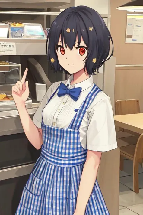 masterpiece, high quality, detailed, beautiful, FHD, 8K, highres, embarrassed, standing, looking at viewer, cute, cel anime, upper body, from below, small breasts, hand on belly, ai mizuno, black hair, hair between eyes, (red eyes:1.3), short hair, KRU, blue bow, blue bowtie, white shirt, short sleeves, blue skirt, blue apron, gingham apron, employee uniform, high-waist skirt, waitress, indoors,