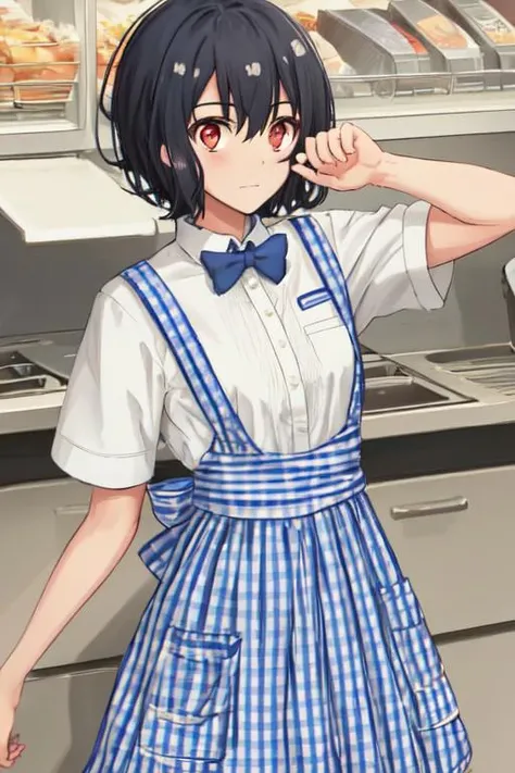 masterpiece, high quality, detailed, beautiful, FHD, 8K, highres, embarrassed, standing, looking at viewer, cute, cel anime, upper body, from below, small breasts, hand on belly, ai mizuno, black hair, hair between eyes, (red eyes:1.3), short hair, KRU, blue bow, blue bowtie, white shirt, short sleeves, blue skirt, blue apron, gingham apron, employee uniform, high-waist skirt, waitress, indoors,