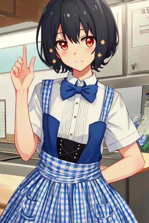 masterpiece, high quality, detailed, beautiful, FHD, 8K, highres, embarrassed, standing, looking at viewer, cute, cel anime, upper body, from below, small breasts, hand on belly, ai mizuno, black hair, hair between eyes, (red eyes:1.3), short hair, KRU, blue bow, blue bowtie, white shirt, short sleeves, blue skirt, blue apron, gingham apron, employee uniform, high-waist skirt, waitress, indoors,