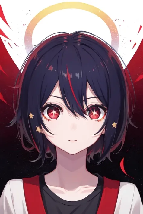 ai mizuno, black hair, hair between eyes, (red eyes:1.5), short hair, star-shaped pupils, hair ornament,