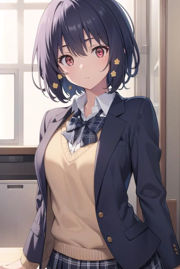 aimizuno, <lyco:aimizuno-lyco-nochekaiser:1>,
ai mizuno, black hair, hair between eyes, (red eyes:1.5), short hair,
BREAK black jacket, black legwear, black neckwear, black skirt, blazer, brown footwear, collared shirt, flower, hair flower, hair ornament, jacket, loafers, long sleeves, miniskirt, open clothes, open jacket, plaid, plaid neckwear, plaid skirt, pleated skirt, school uniform, shirt, shoes, skirt, sweater, white shirt, wing collar, yellow flower, yellow sweater
BREAK looking at viewer, full body,
BREAK indoors, classroom,
BREAK <lyco:GoodHands-beta2:1>, (masterpiece:1.2), best quality, high resolution, unity 8k wallpaper, (illustration:0.8), (beautiful detailed eyes:1.6), extremely detailed face, perfect lighting, extremely detailed CG, (perfect hands, perfect anatomy),