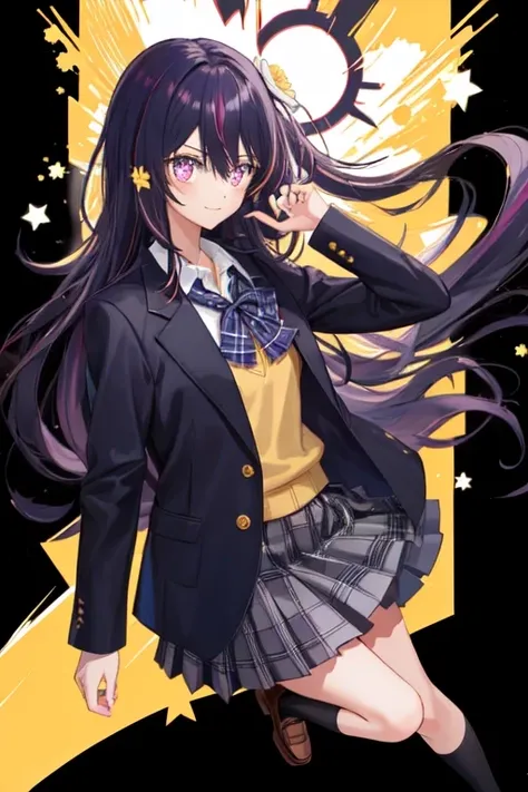 Hoshino Ai, long hair, purple hair, streaked hair ,purple eyes, star-shaped pupils, hair ornament, black jacket, black legwear, black neckwear, black skirt, blazer, brown footwear, collared shirt, flower, hair flower, hair ornament, jacket, loafers, long sleeves, miniskirt, open clothes, open jacket, plaid, plaid neckwear, plaid skirt, pleated skirt, school uniform, shirt, shoes, skirt, sweater, white shirt, wing collar, yellow flower, yellow sweater