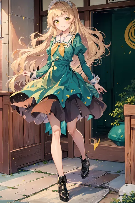 <lora:LoRA_Shiraki_Hime:1>, Shiraki Hime, 1girl, long hair, blonde hair, maid cafe, green dress, black skirt, black footwear, smile, dress, shoes, standing,