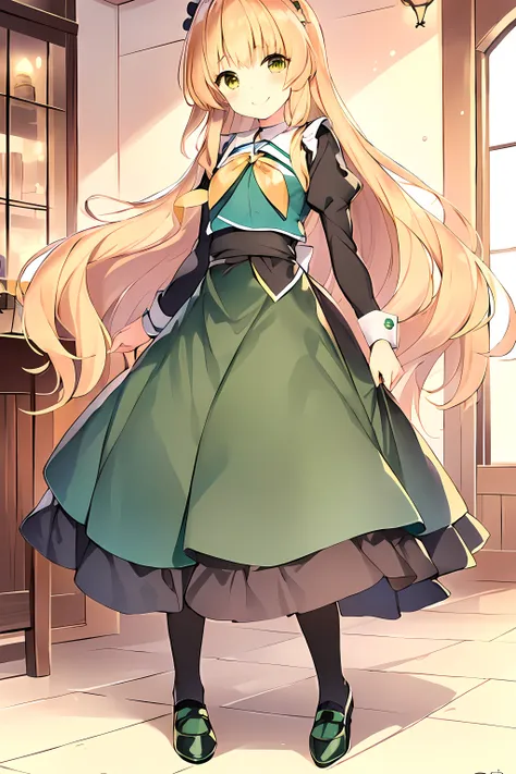 <lora:LoRA_Shiraki_Hime:1>, Shiraki Hime, 1girl, long hair, blonde hair, maid cafe, green dress, black skirt, black footwear, smile, dress, shoes, standing,