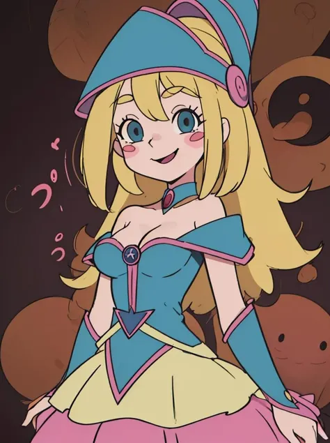 <lora:KaibaStyleV2a:.8> kaibastyle, kaibacharacter, kaibabg <lora:dark_magician_girl_v1:0.8> hmdmg1, wizard hat, blush, blush stickers, cleavage, bare shoulders, dress, off shoulder, smiling, (masterpiece:1.5, best quality), 8k wallpaper, highres, high resolution,HDR.UHD,Highly detailed, extreme detail