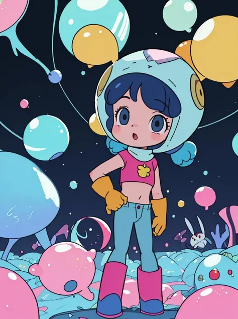 <lora:KaibaStyleV2a:.8> kaibabg, planets, bubbles, kaibachroniko, bunnyhat, blue pants, pink boots, (masterpiece:1.5, best quality), 8k wallpaper, highres, high resolution,HDR.UHD,Highly detailed, extreme detail
