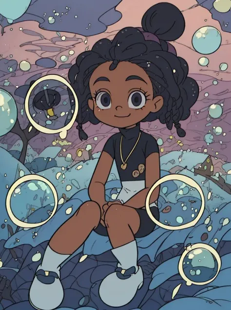 <lora:KaibaStyleV2a:1>kaibacharacter, kaibastyle, kaibabg, bubbles , sitting <lora:blackgirl-v1.0:0.8> dark_skin, dreadlocks, slight smile, (masterpiece:1.5, best quality), 8k wallpaper, highres, high resolution,HDR.UHD,Highly detailed, extreme detail