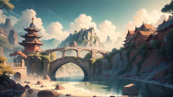 (Masterpiece, Top quality, Best quality, Official art, Beautiful beauty :1.2), (8k, Best quality, Masterpiece :1.2), sky, White clouds, Fairyland, distant mountains, Chinese architecture, bridge, shade, soft sunlight, depth, soft light and shadow, correct structure, HD, 2d, game scene, rich colors
<lora:game icon institute game icon changjing_20230726123022-000010:0.3>