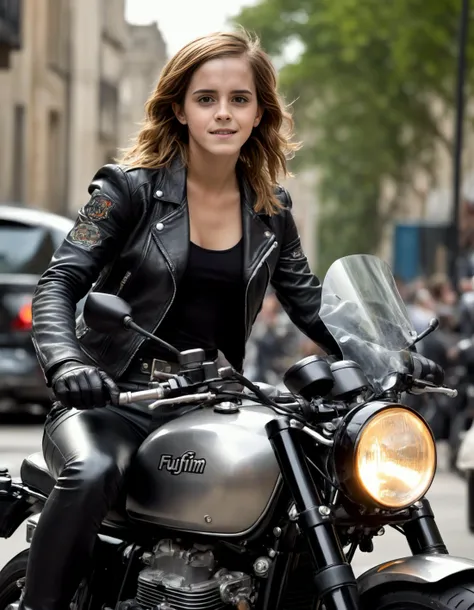 full body photo of Emma Watson wearing leather biker gear, on a motor bike, extremely high quality RAW photograph, detailed background, intricate, Exquisite details and textures, highly detailed, ultra detailed photograph, warm lighting, artstation, 4k, sharp focus, high resolution, detailed skin, detailed eyes, 8k uhd, dslr, high quality, film grain, Fujifilm XT3, <lora:watson_lora_sdxl_v1:1>