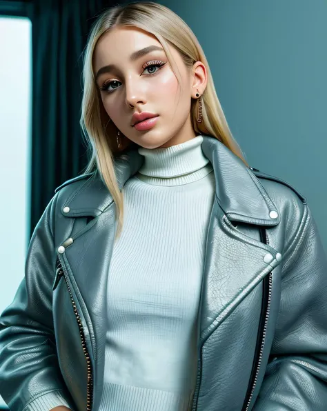 best quality (raw:1.1) photo of (B3ll4R0m301:0.99), ((club makeup:1.2)),( wearing a turtleneck sweater and leather jacket,:1.2), RAW candid cinema, 16mm, color graded portra 400 film, remarkable color, ultra realistic, textured skin, remarkable detailed pupils, realistic dull skin noise, visible skin detail, skin fuzz, dry skin, shot with cinematic camera, detailed skin texture, (blush:0.2), (goosebumps:0.3), subsurface scattering