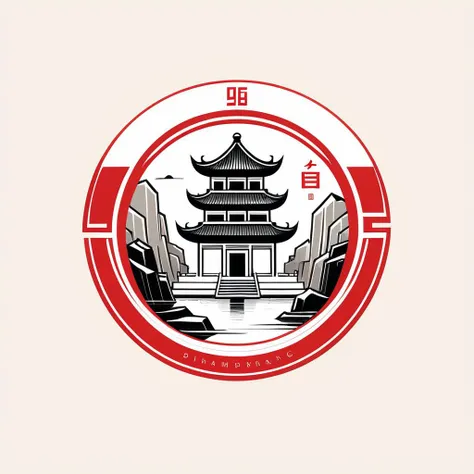 logo design,abstract,minimal line style,Chinese style, seal, square, ancient architecture, irregular boundaries,Red inkpad,gap,