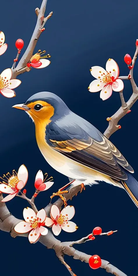 ink and wash meticulous painting, colorful thrush birds, dense red plum blossoms, golden thread strokes, furry feathers, dark blue background, shiny gold dots,