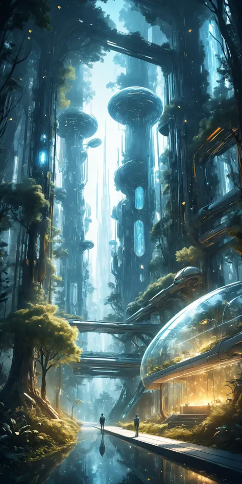 Hand drawn illustrations, high-definition 8K, movie scenes, warm lighting, glass architecture, high saturation, contrasting composition, white, ceramic texture, crystal glass, futuristic technology, robots, forests, fireflies, fantasy scenes,