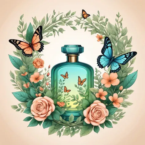 Graphic illustration,Simple composition,(leave blank),(best quality),((masterpiece)),Vector illustration,((High saturation)),hand drawn illustration, Gradient color,((Fresh tone)), (high brightness),original,(an extremely delicate and beautiful),intricate detail,Plants\leaves\mountains\roses\and butterflies form a wreath,perfume bottle,fluorescence,
