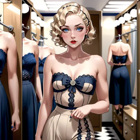 (Beautiful rough woman), highly detailed beautiful face, highly detailed body, Sapphire eyes with cream eyeliner, ( ash blonde hair) in a ( Classic Finger Waves with Hairpin style ), wearing Wide-leg culottes with stockings and a Strapless bandeau top with a crochet overlay., in a changing room