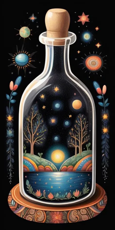 Drawing of universe in a bottle, in Mexican folk art style. Black background.