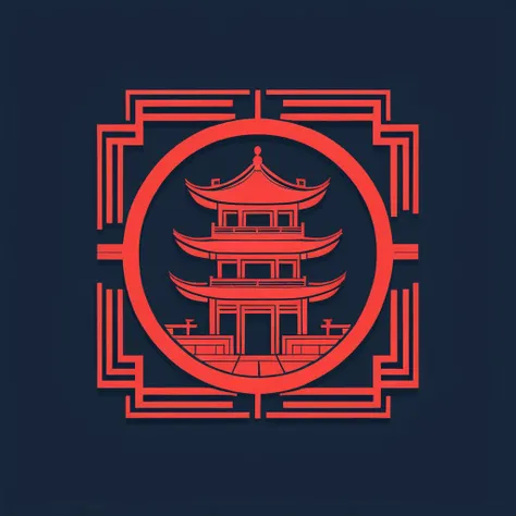 logo design,abstract,minimal line style,Chinese style, seal, square, ancient architecture, irregular boundaries,Red inkpad,gap,