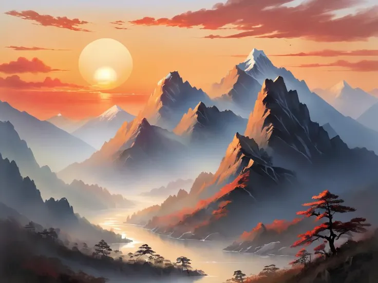 The sun setting behind the Five Great Mountains, their profiles a calligraphy of nature's design against the fading light, a scene of contemplation for poets and painters.