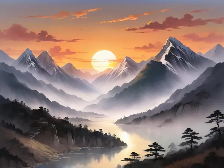 The sun setting behind the Five Great Mountains, their profiles a calligraphy of nature's design against the fading light, a scene of contemplation for poets and painters.