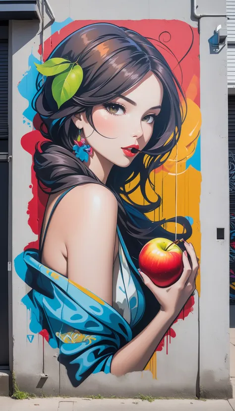 graffiti of a woman eating an apple in a wall, street art, vibrant, urban, detailed, tag, mural
