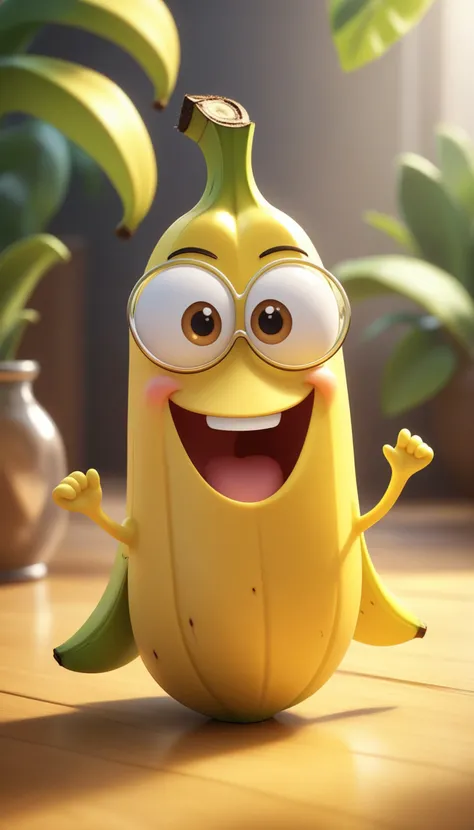 a happy cartoon banana fruit, Pixar Style, perfect composition, 8k artistic photography, photorealistic concept art, masterpiece