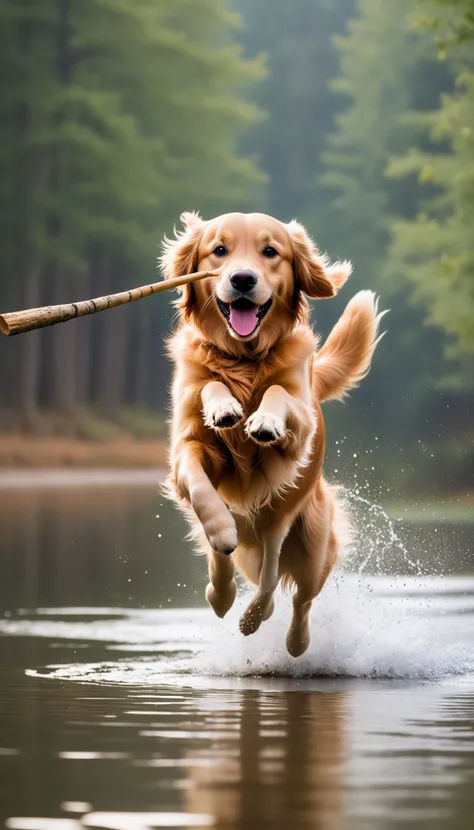 Golden retriever jumping to catch a stick
