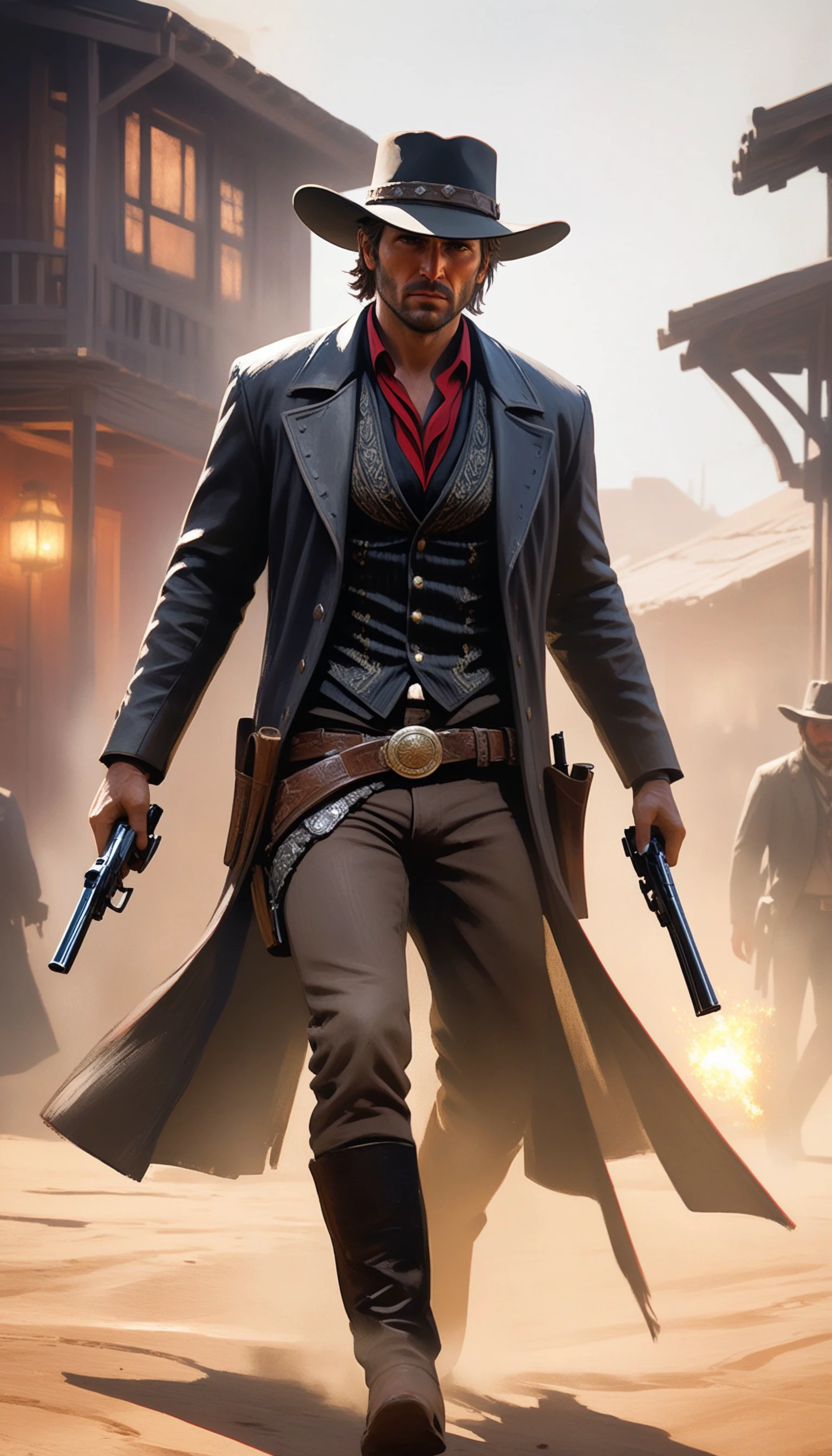 Intricate dynamic action shot of cowboy in a shootout, cinematic Steve Henderson Fabian Perez Henry Asencio Jeremy Mann Marc Simonetti Fantasy, red dead redemption 2 atmosphere, cinematic, photograph