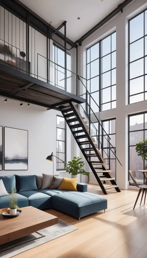 real estate photography style of a modern loft, professional, inviting, well-lit, high-resolution, property-focused, commercial, highly detailed