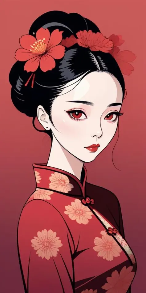 A minimalist portrait of a woman Wearing cheongsam and flowers on the head with tapered lines on a dark red gradient background,moody Fan Bingbing,simple,thin lines,vector image,abstract lines,