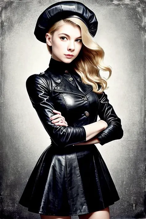 A radiant photography with a remarkably intricate vivid setting portraying an Elegant young lady looking like OlgaP1nup1, by Nicola Samori, She has a slightly rounded face, with a slight smile, She is wearing a white dress with a black beret, and a black leather jacket, a black knee-length skirt, and black leather boots