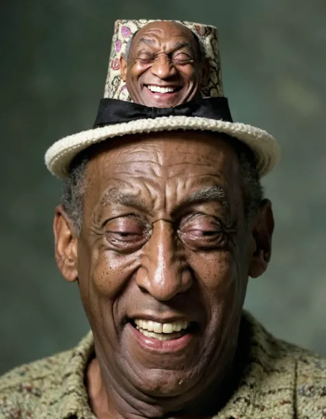 A low budget b-cinema film still, Bill Cosby, ridiculous tiny miniature hat, grinning, furrowed brows, closed eyes, sheetface, squeezing eyes, <lora:Roasted_kid-000001:0.85>, made with superimposed VFX background, uneven lighting, amateur style, 2D, flat