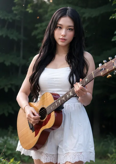 Best Quality, High resolution, A beautiful girl playing the guitar, alone, in the forest, surrounded by fireflies, starry sky, beautiful girl, long hair, big breasts, rockstar, <lora:HN:0.7> <lora:breastsizeslideroffset:0.35>