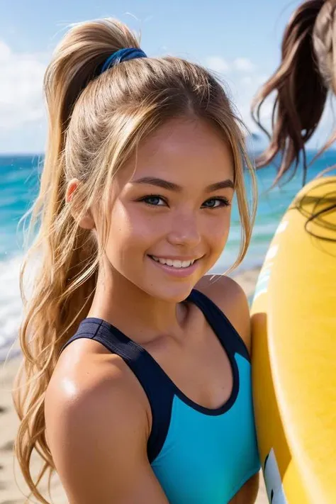 closeup portrait of beautiful 24yo 2females, brunette hawaiian and blonde australian, (freckles)0.5, small chest, small breast, muscular physique, skinny, dark eyes, chiseled face, light smile, blushing, dimples, (long wavy hairstyle, ponytail), fashionable sportswear, surfing championships, waist shot